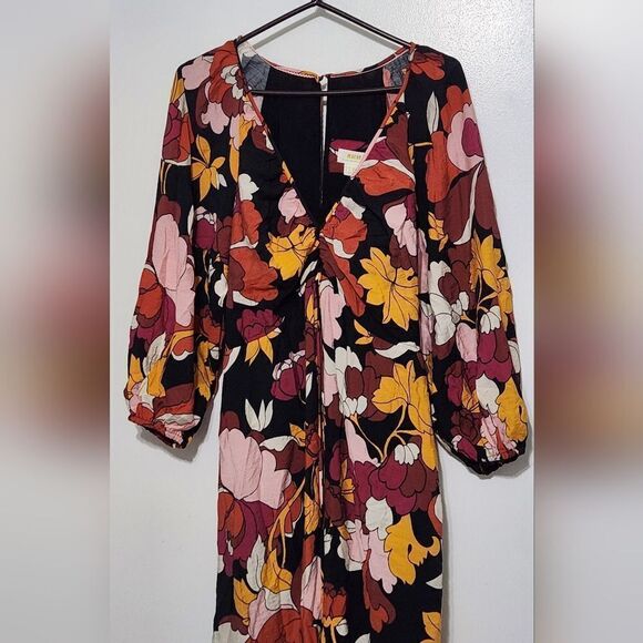 Anthropologie Maeve Deep-V Ruched Midi Dress Size 12 - Picture 13 of 14